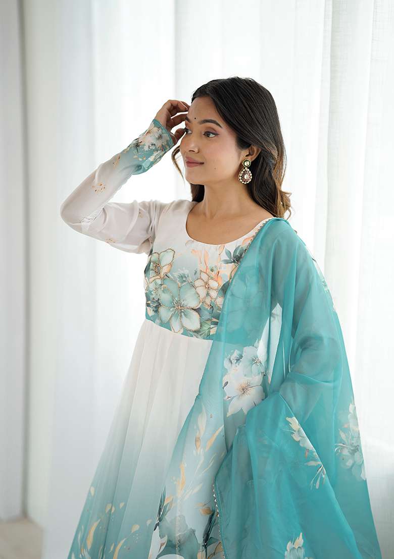 Aqua Blue Floral Print Organza Anarkali Set - Indya