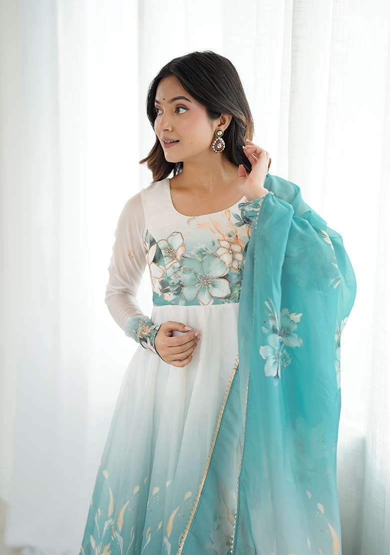 Aqua Blue Floral Print Organza Anarkali Set - Indya