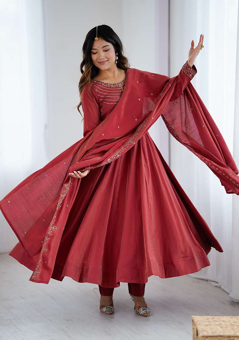 Maroon Embroidered Silk Blend Anarkali Set - Indya