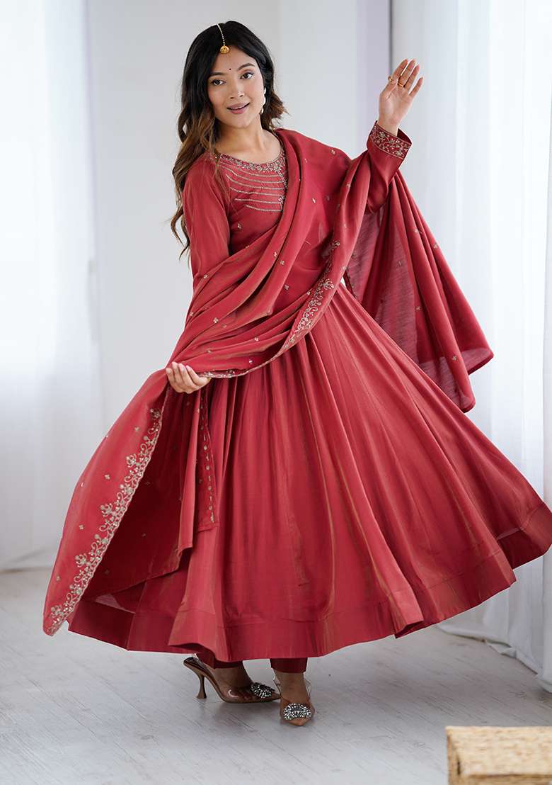 Maroon Embroidered Silk Blend Anarkali Set - Indya