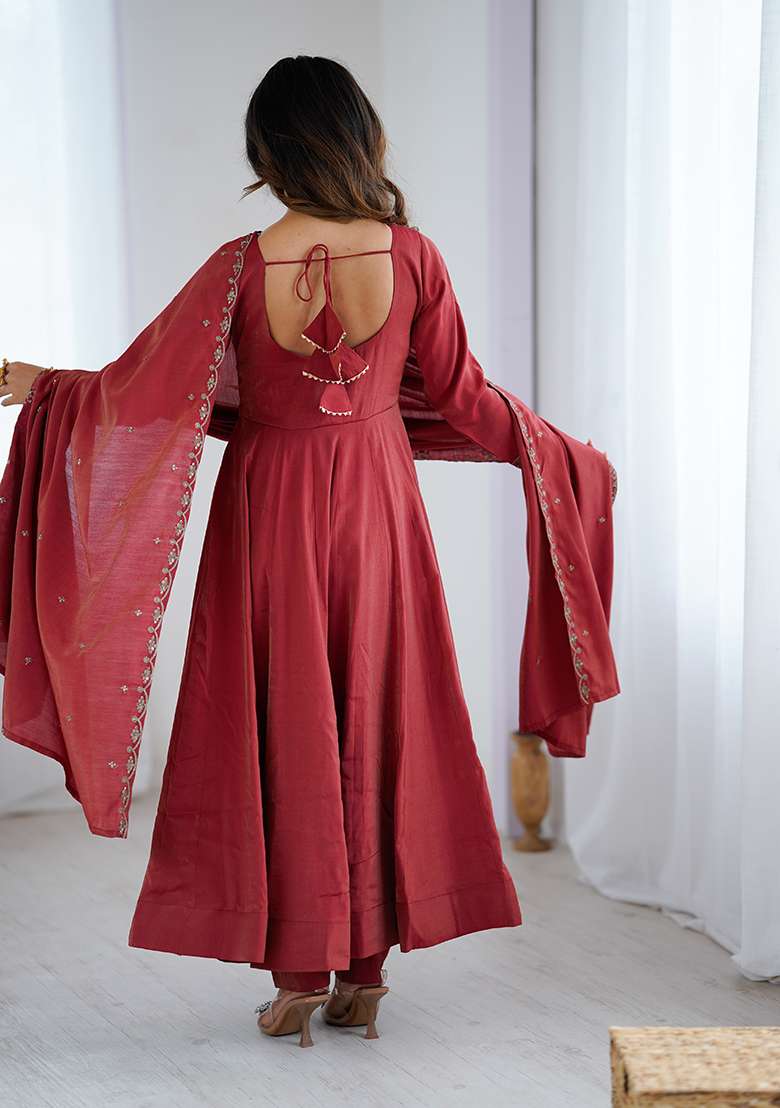 Maroon Embroidered Silk Blend Anarkali Set - Indya