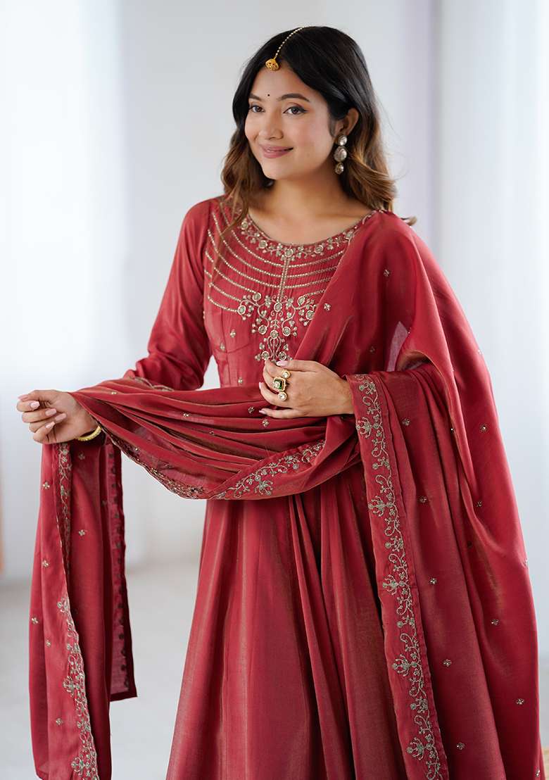 Maroon Embroidered Silk Blend Anarkali Set - Indya