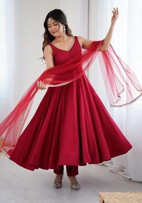 Red Embellished Silk Blend Anarkali Set