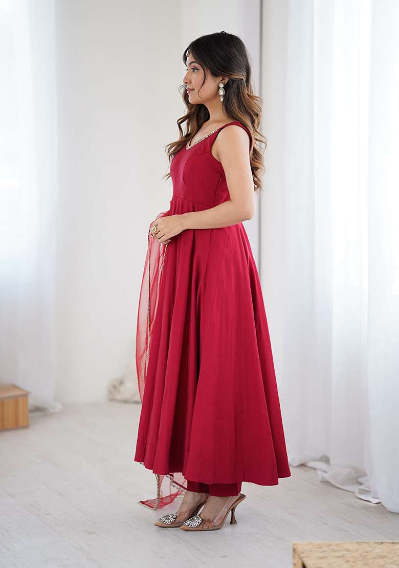 Red Embellished Silk Blend Anarkali Set - Indya