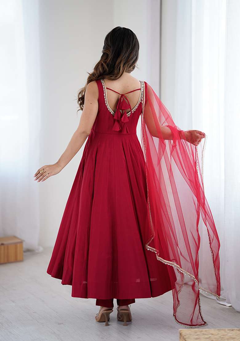 Red Embellished Silk Blend Anarkali Set - Indya