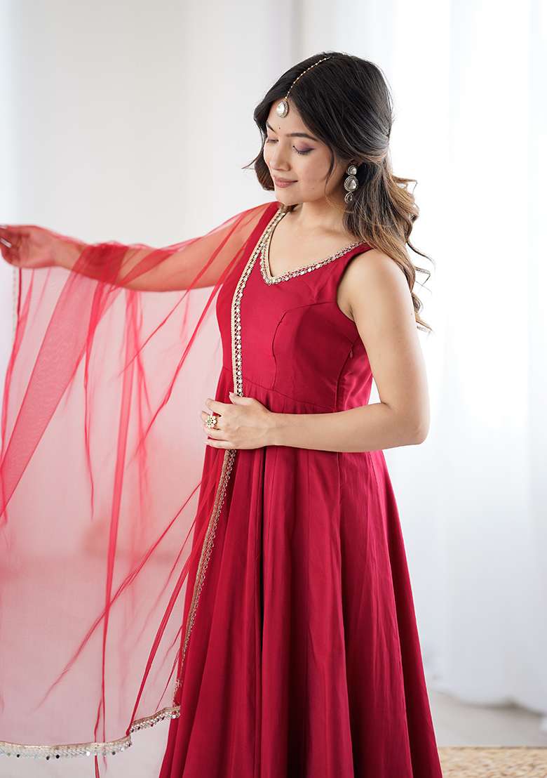 Red Embellished Silk Blend Anarkali Set - Indya