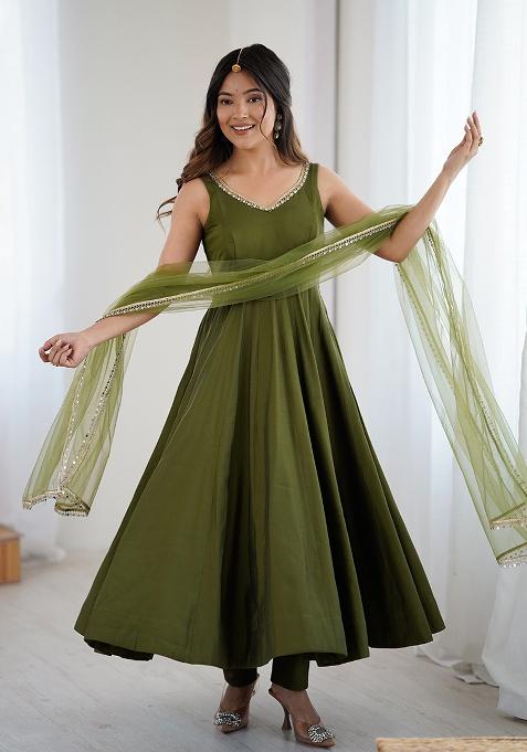 Green Lace Work Silk Salwar Kameez