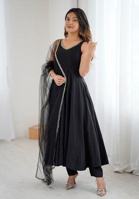 Black Embellished Silk Blend Anarkali Set