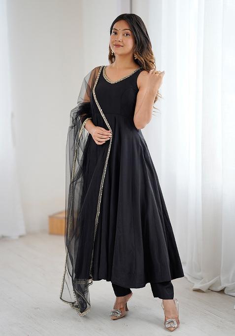 Black Lace Work Silk Salwar Kameez