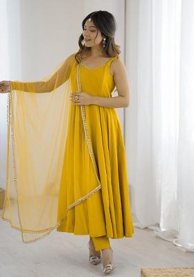 Yellow Solid Silk Blend Anarkali Set