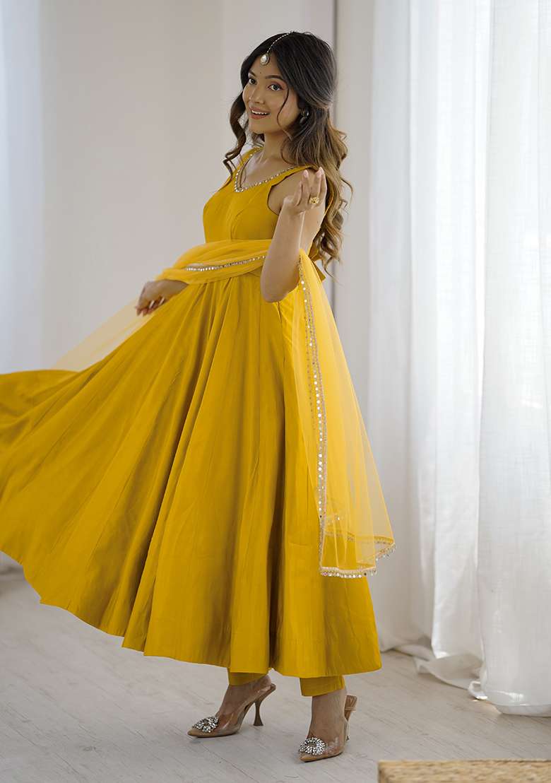 Yellow Solid Silk Blend Anarkali Set - Indya