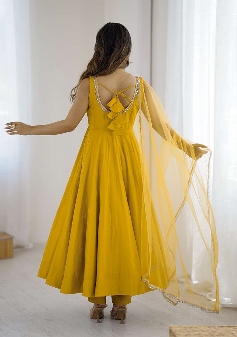 Yellow Solid Silk Blend Anarkali Set - Indya