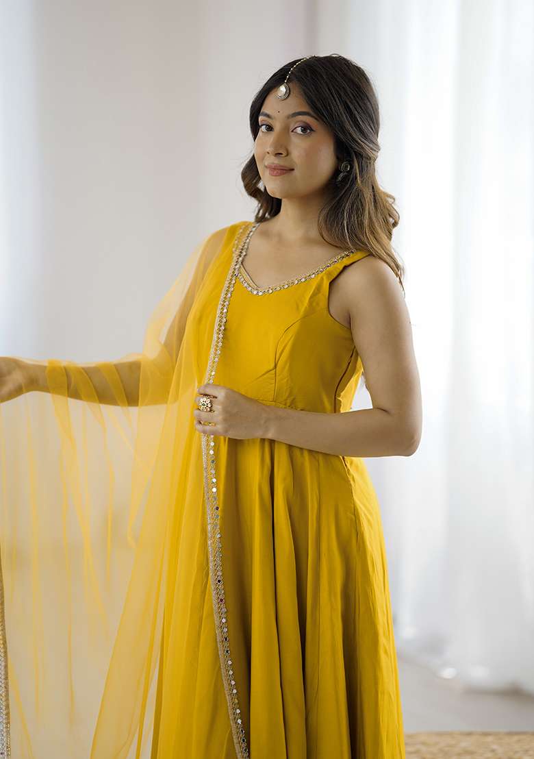 Yellow Solid Silk Blend Anarkali Set - Indya