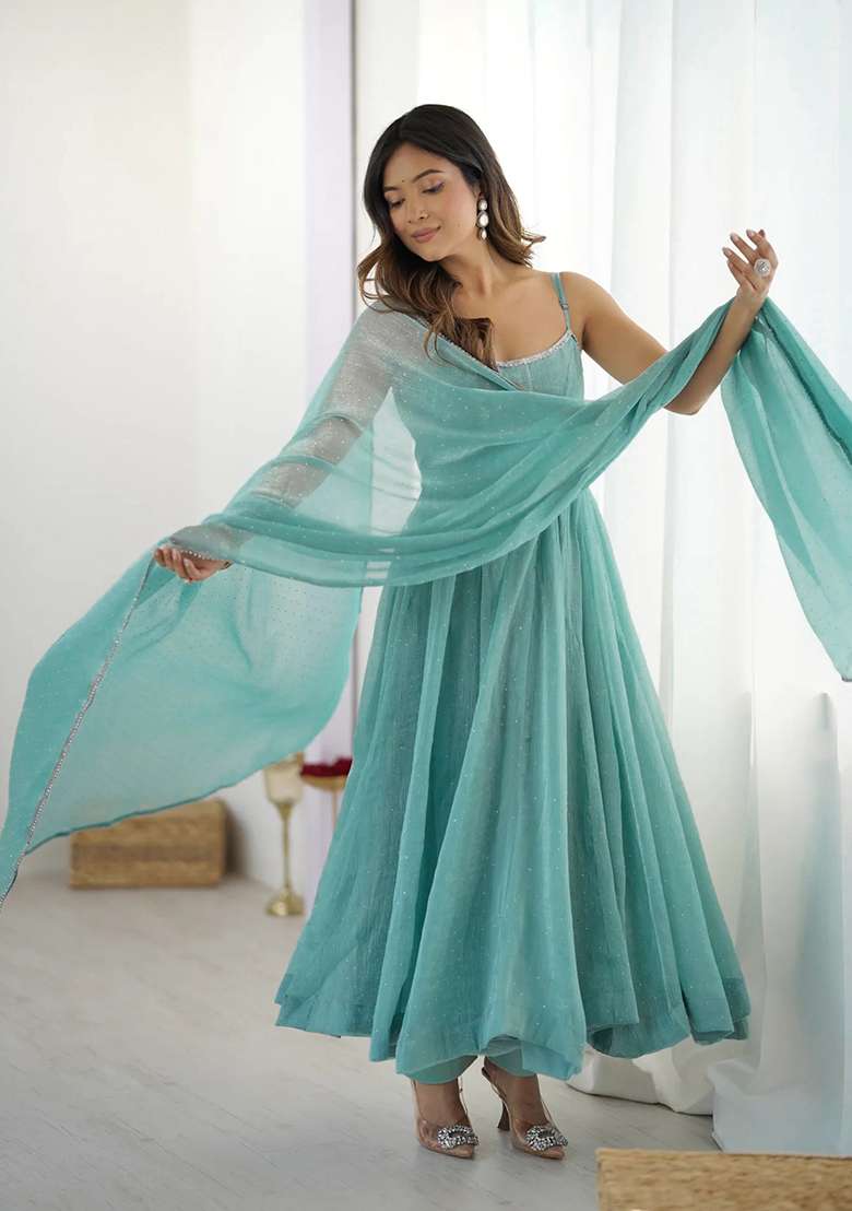Sky Blue Solid Silk Blend Anarkali Set - Indya