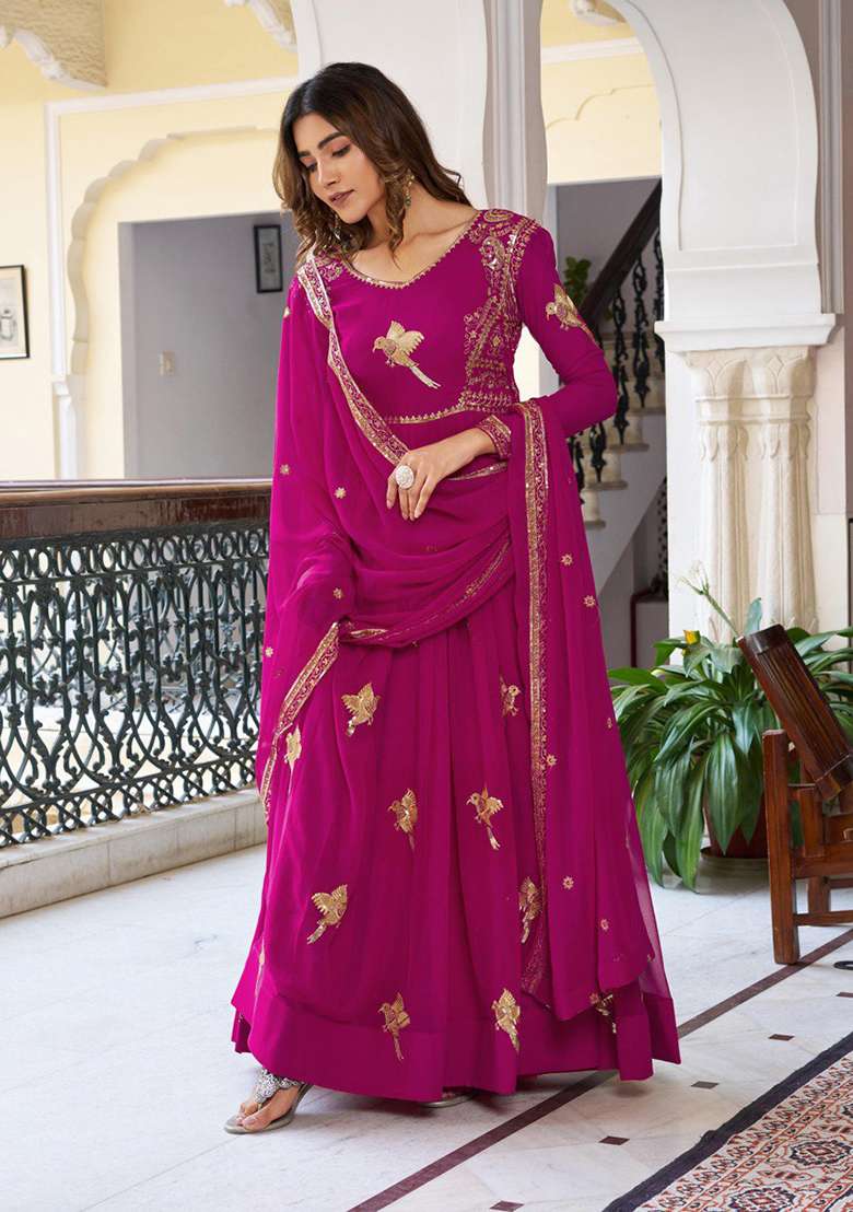 Pink Embroidered Georgette Anarkali Set - Indya