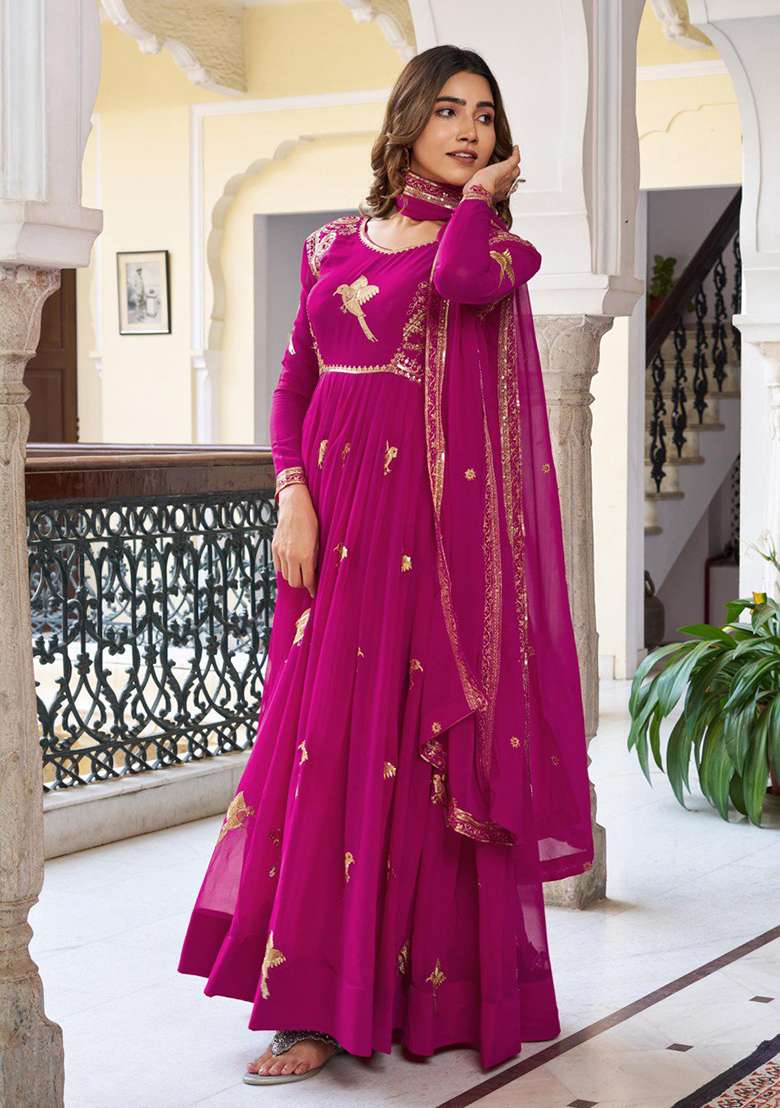 Pink Embroidered Georgette Anarkali Set - Indya
