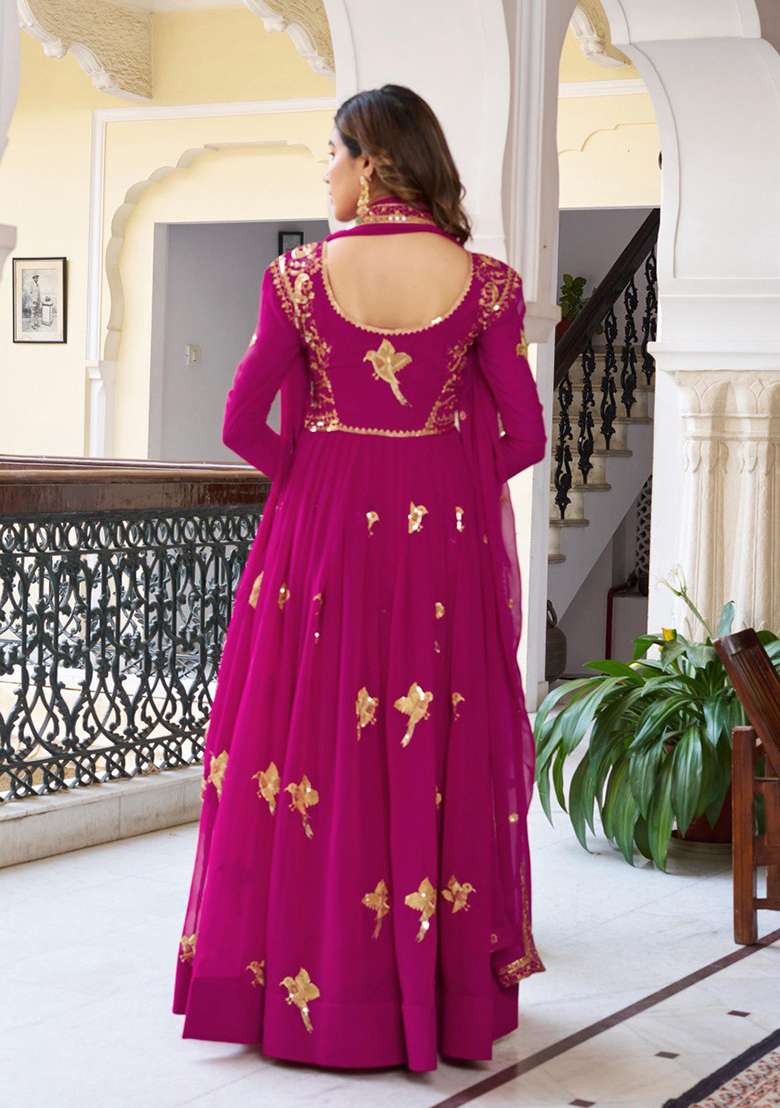 Pink Embroidered Georgette Anarkali Set - Indya