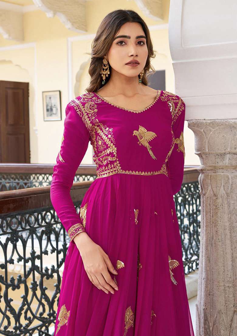 Pink Embroidered Georgette Anarkali Set - Indya