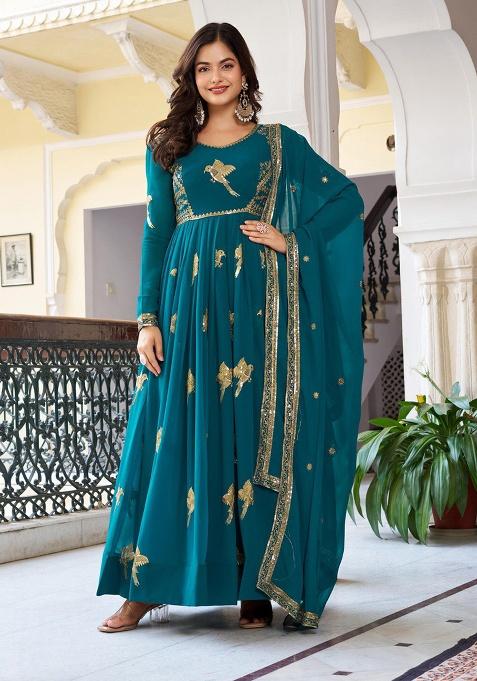 Teal Blue Sequence Work Georgette Salwar Kameez