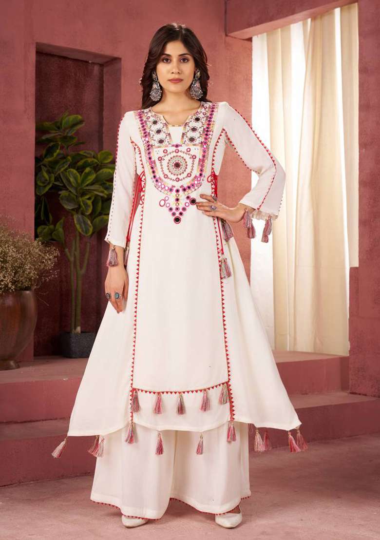 White Mirror Work Rayon Cord Set - Indya