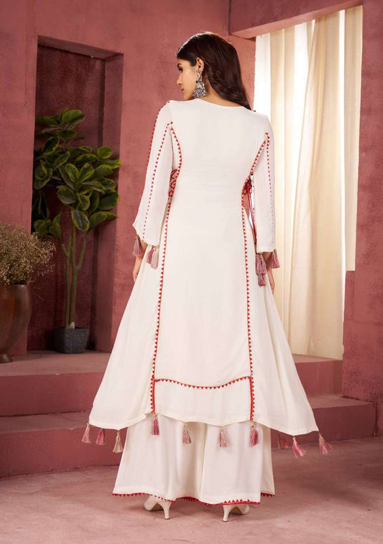 White Mirror Work Rayon Cord Set - Indya