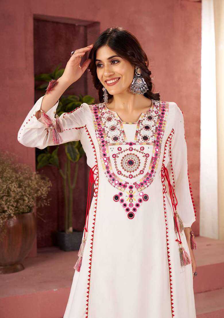 White Mirror Work Rayon Cord Set - Indya
