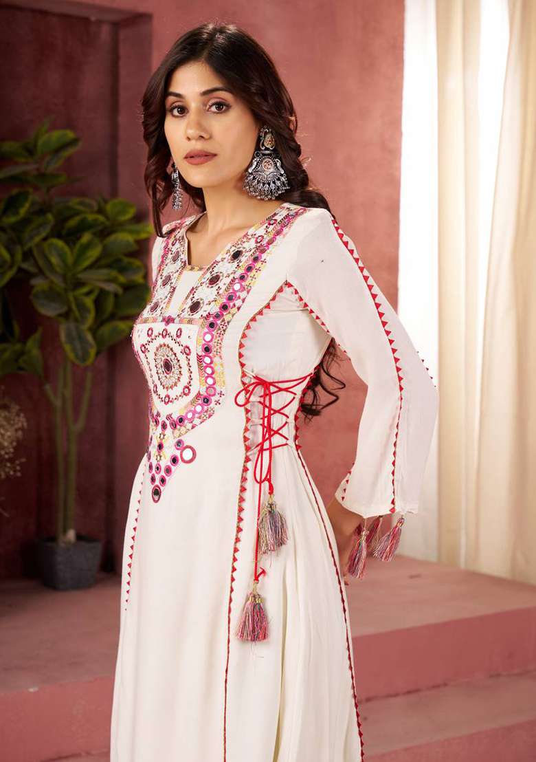 White Mirror Work Rayon Cord Set - Indya
