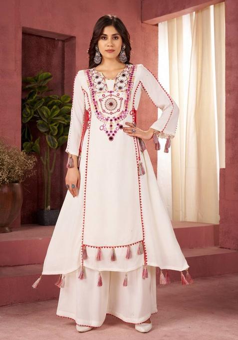 White Mirror Work Rayon Cord Set