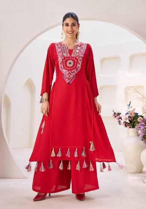 Red Mirror Work Rayon Cord Set