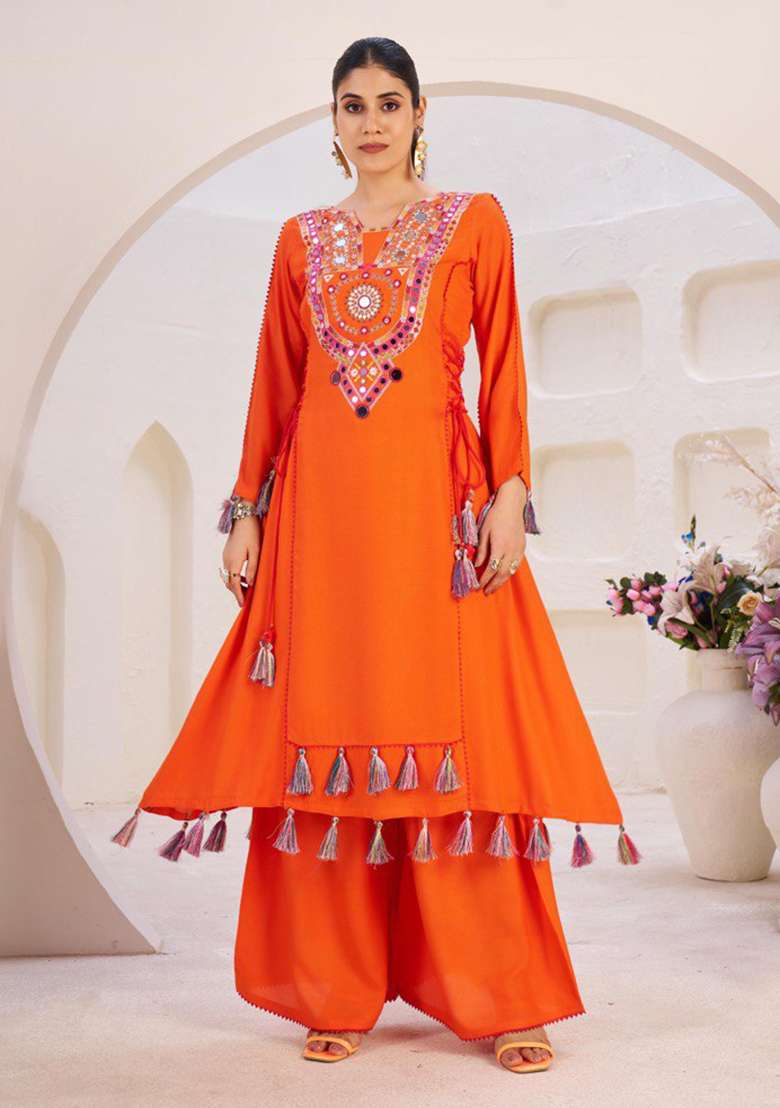 Orange Mirror Work Rayon Cord Set - Indya