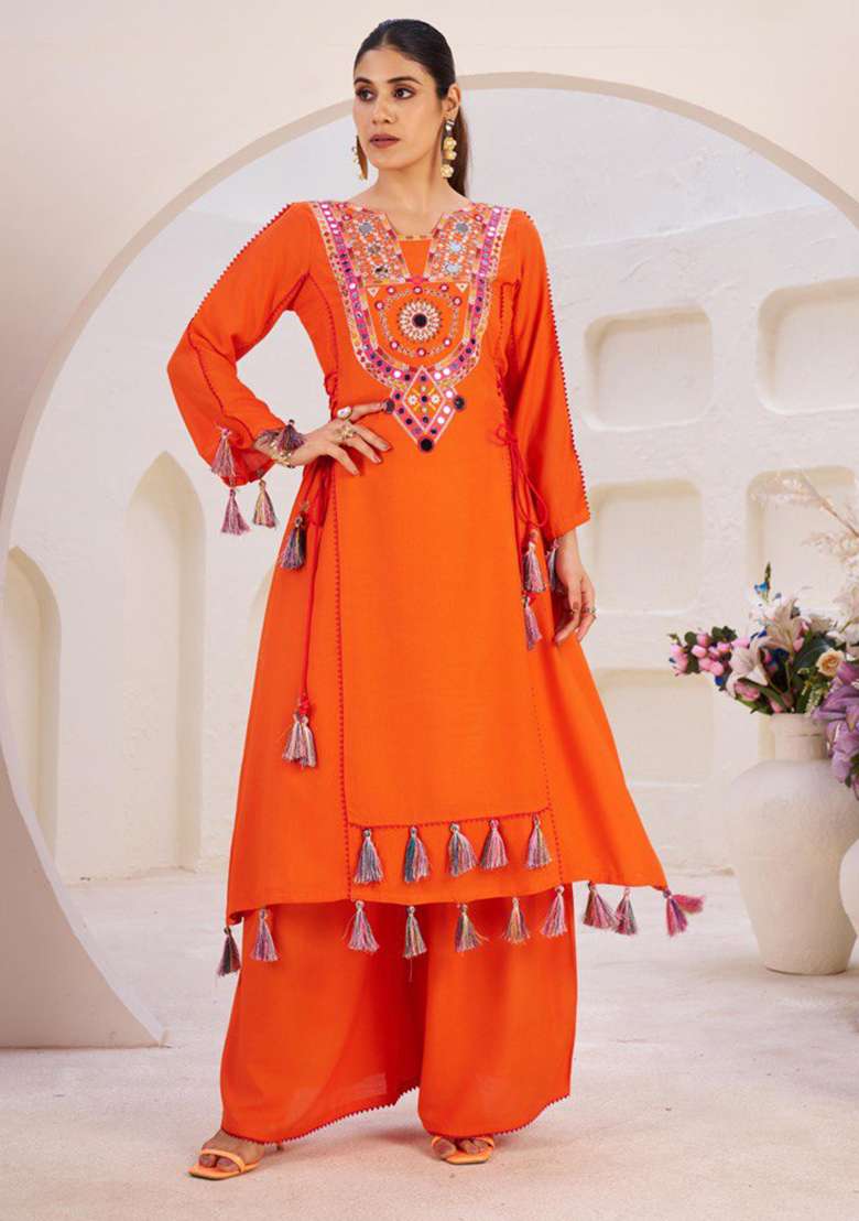 Orange Mirror Work Rayon Cord Set - Indya
