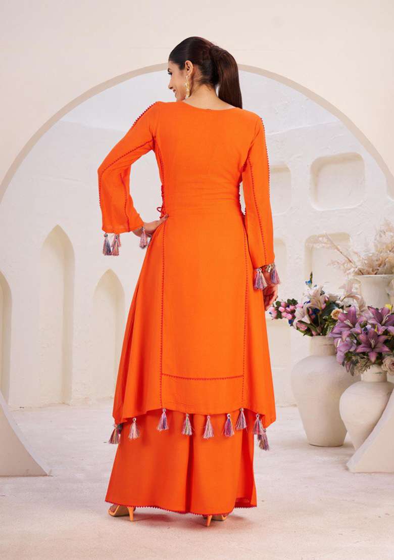 Orange Mirror Work Rayon Cord Set - Indya