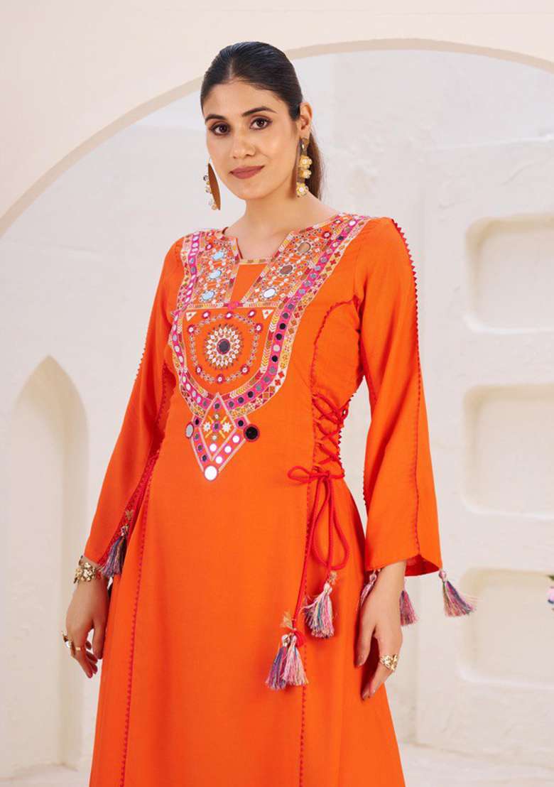 Orange Mirror Work Rayon Cord Set - Indya