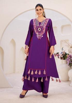 Purple Mirror Work Rayon Cord Set