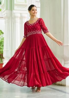 Maroon Embroidered Faux Blooming Gown