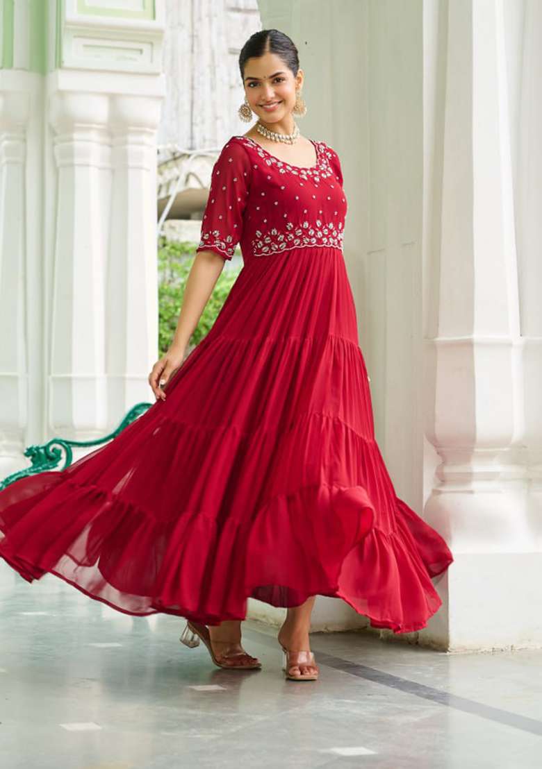 Maroon Embroidered Faux Blooming Gown - Indya