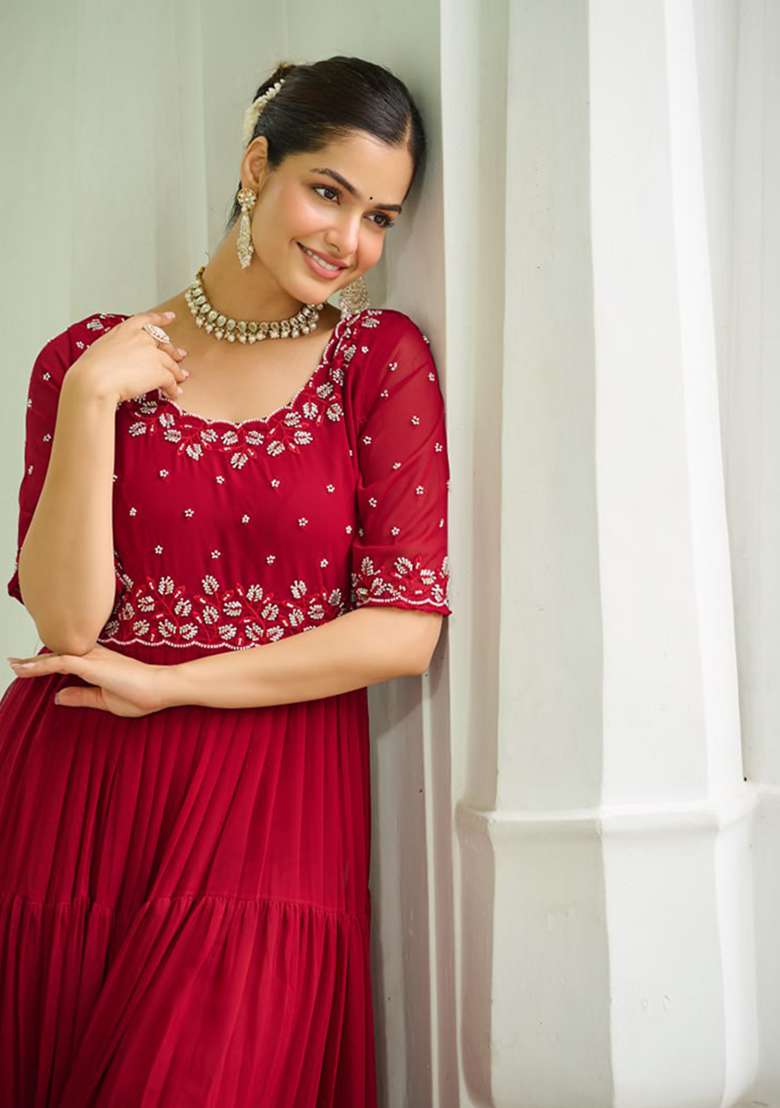 Maroon Embroidered Faux Blooming Gown - Indya