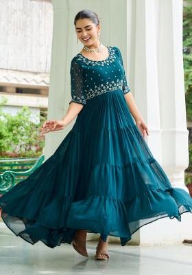 Teal Blue Embroidered Faux Blooming Gown