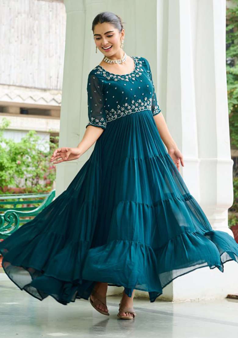 Teal Blue Embroidered Faux Blooming Gown - Indya
