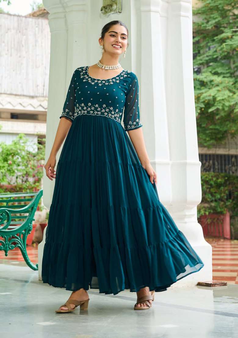 Teal Blue Embroidered Faux Blooming Gown - Indya