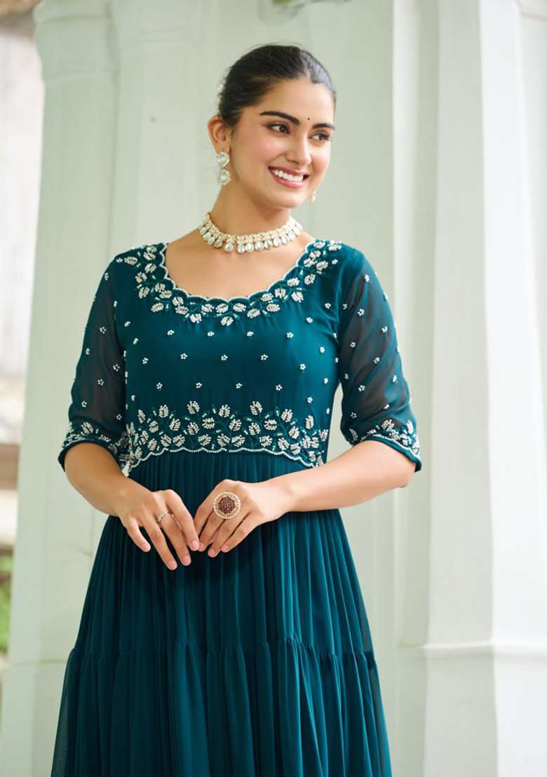 Teal Blue Embroidered Faux Blooming Gown - Indya
