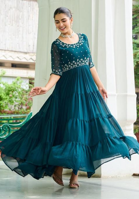 Teal Blue Embroidery Faux Blooming Salwar Kameez
