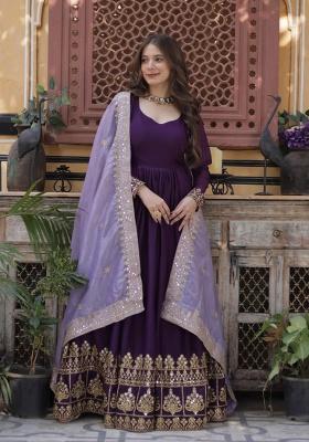 Wine Embroidered Georgette Anarkali Set
