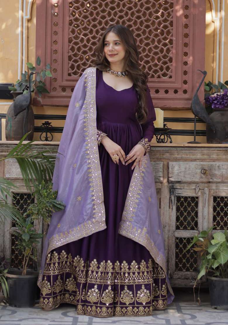 Wine Embroidered Georgette Anarkali Set - Indya