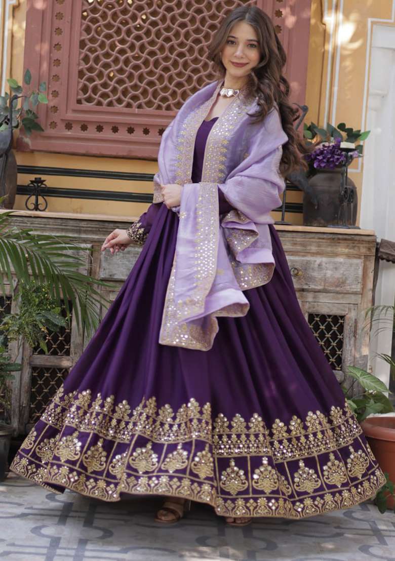 Wine Embroidered Georgette Anarkali Set - Indya
