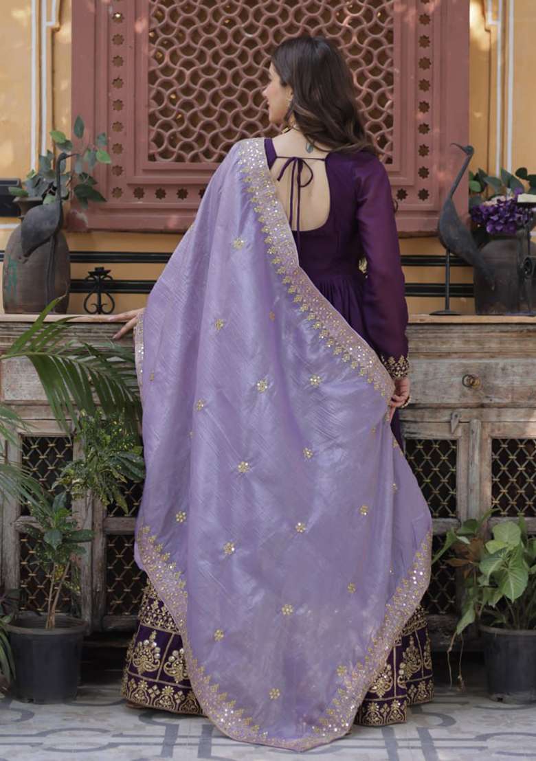 Wine Embroidered Georgette Anarkali Set - Indya