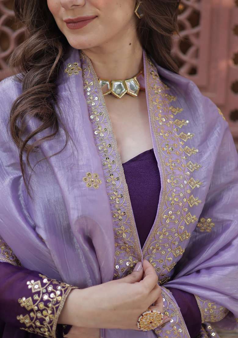 Wine Embroidered Georgette Anarkali Set - Indya