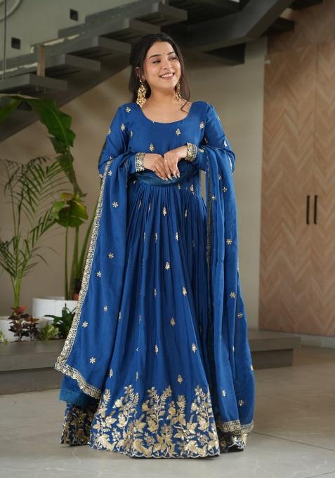 Blue Embroidery Chinon Salwar Kameez