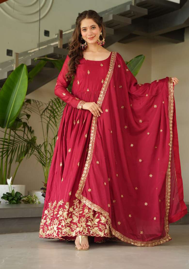 Maroon Embroidered Chinon Anarkali Set - Indya