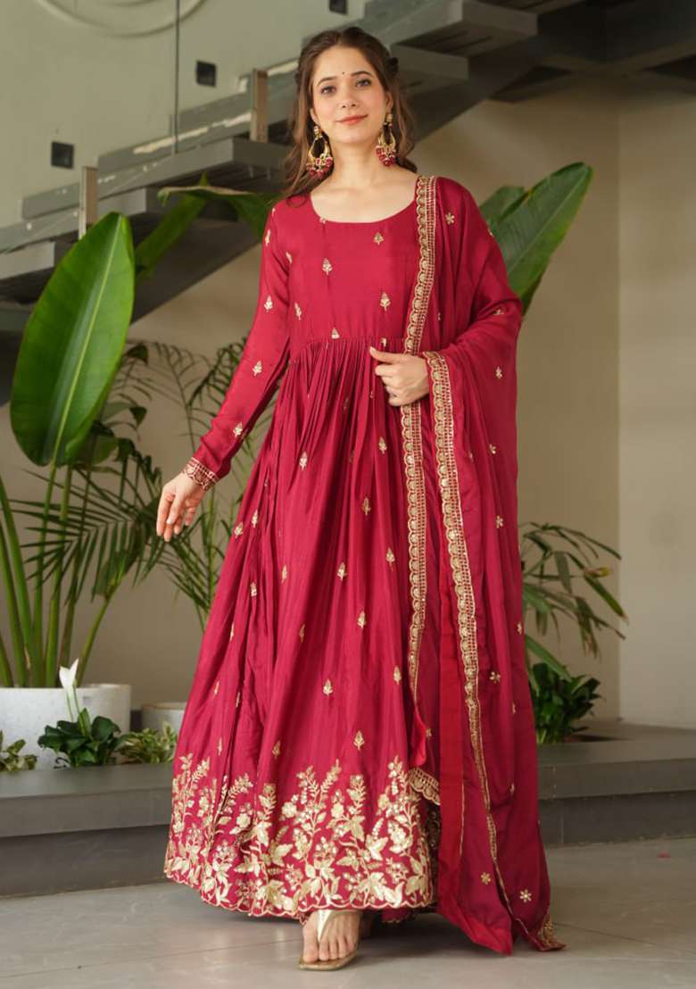 Maroon Embroidered Chinon Anarkali Set - Indya